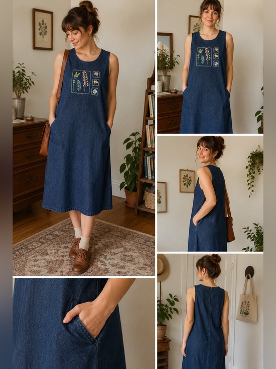 Westbound Dresses & Skirts - Vintage 90s Denim floral 💐Embroidered Jumper Dress size petite large